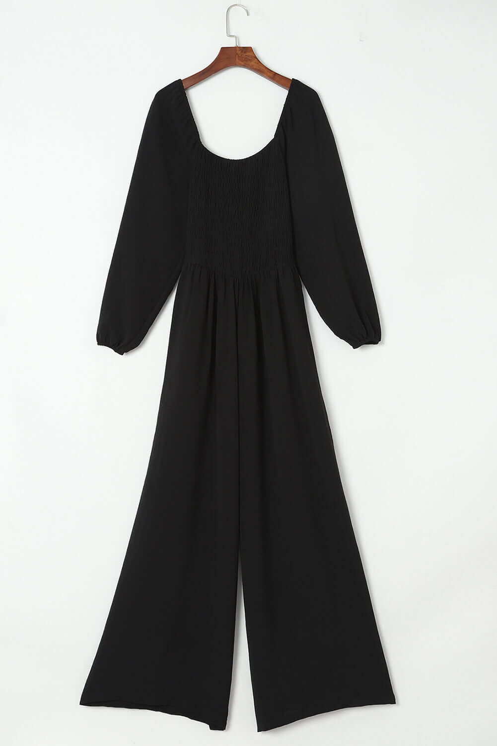 Black Smocked Square Neck Long Sleeve Wide Leg Jumpsuit Bottoms/Jumpsuits & Rompers Luxurious Weddings