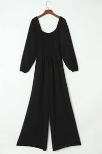 Black Smocked Square Neck Long Sleeve Wide Leg Jumpsuit Bottoms/Jumpsuits & Rompers Luxurious Weddings