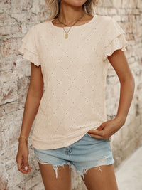 Eyelet Round Neck Double Layered Ruffled Short Sleeve Top Luxurious Weddings
