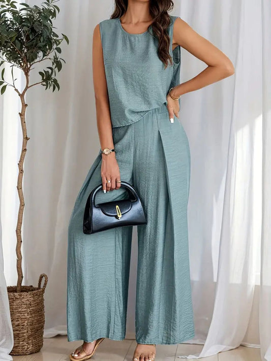 Round Neck Sleeveless Top and Wide Leg Pants Set Matching Sets Luxurious Weddings