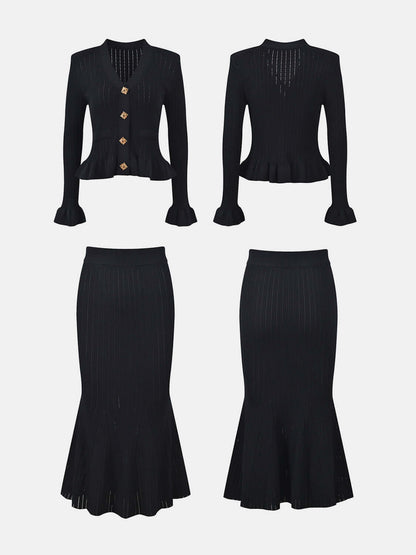 Ruffled V-Neck Top and Midi Skirt Sweater Set Matching Sets Luxurious Weddings