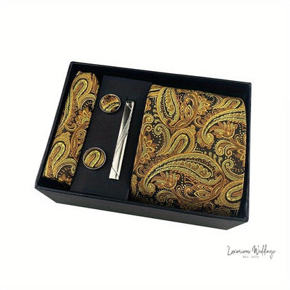 Men's Paisley Tie Gift Set - 5 Pc with Cufflinks & Scarf Tie Set Luxurious Weddings