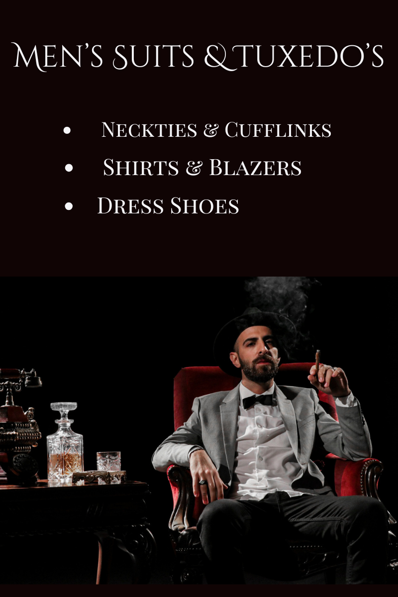 Man in a suit smoking a cigar with text about men's formal wear items.
