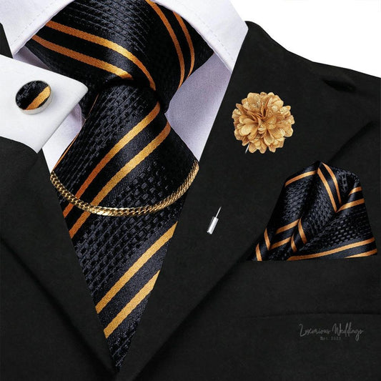 Premium Gatsby Themed Tie Set - Elegant Golden Black Striped Design Tie Set Luxurious Weddings