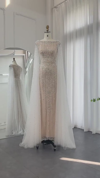 Luxury White Nude Mermaid Wedding Dress With Cape Sleeves Wedding Dress Luxurious Weddings