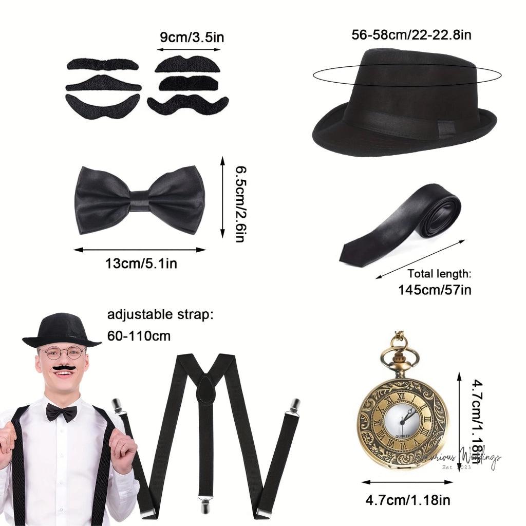 Roaring Twenties Gatsby Costume Set - 6 Piece Black Party Ensemble Costume Set Luxurious Weddings