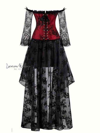 Steampunk Lace Corset Dress Set - Off Shoulder High Low Skirt Corset Dress Luxurious Weddings