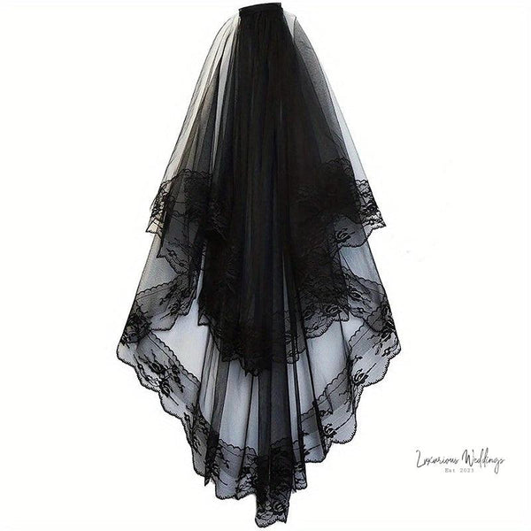 Black Bridal Wedding Veil - Floral Edge, Cathedral Length with Comb Luxurious Weddings