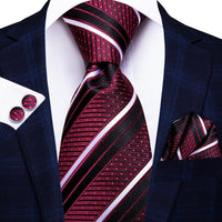 Black Red Striped Silk Wedding Tie For Men Handky Cufflink Gift Men Necktie Fashion Business Party Dropshiping Hi-Tie Designer - Luxurious Weddings
