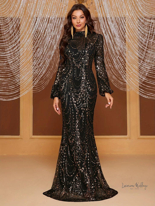 Elegant Sequined Bodycon Dress - Long Sleeve Mermaid Style Bodycon Dress Luxurious Weddings
