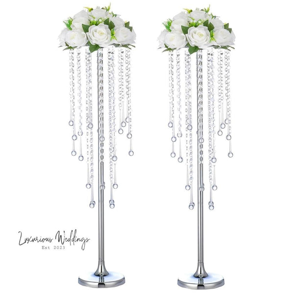 Flower Centerpieces for Wedding Tables - Elegant Metal Vases with Chandelier Crystal Beads Luxurious Weddings