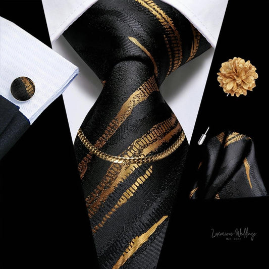 Premium Gatsby Themed Tie Set - Elegant Golden Black Striped Design Tie Set Luxurious Weddings