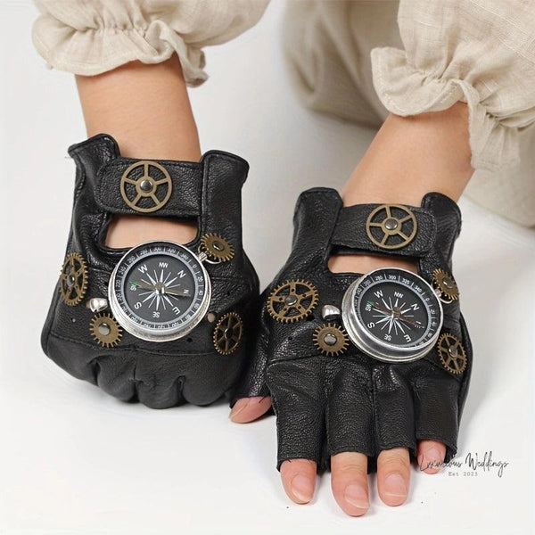 Steampunk Leather Fingerless Gloves - Halloween Compass Gear Design Luxurious Weddings