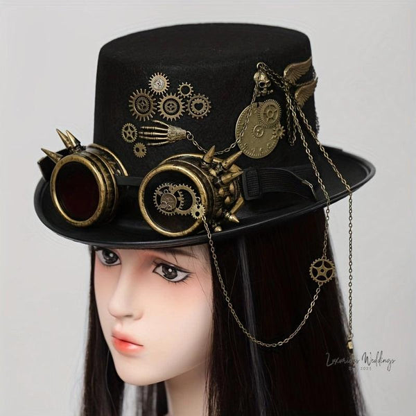 Steampunk Top Hat with Goggles - Victorian Costume Accessory Luxurious Weddings