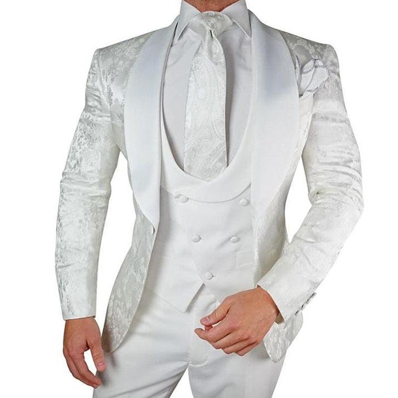 White Floral Wedding Tuxedo 3pc Mens Suits Luxurious Weddings