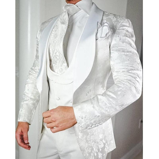 White Floral Wedding Tuxedo 3pc Mens Suits Luxurious Weddings