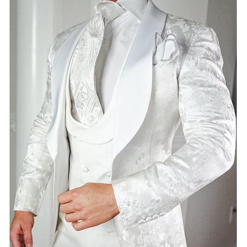 White Floral Wedding Tuxedo 3pc Mens Suits Luxurious Weddings
